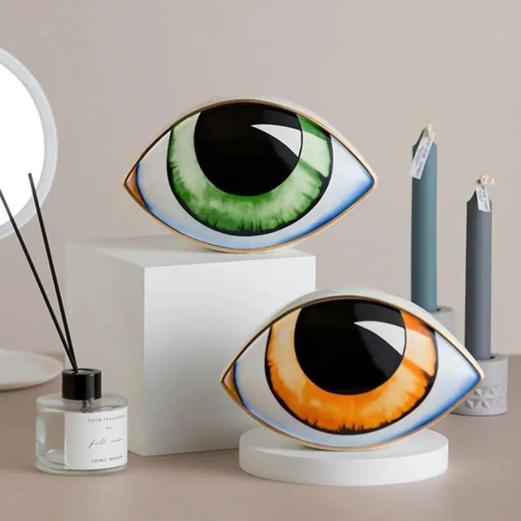 Ceramic eye decor with stable flat base elegant sculpture ornament for display surfaces