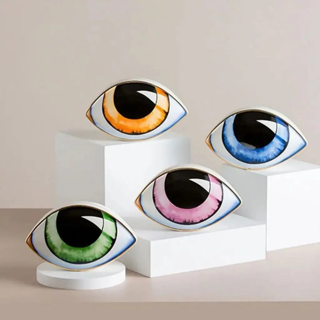 Eclectic ceramic eye sculpture for symbolic home decor artistic ornament with distinctive character