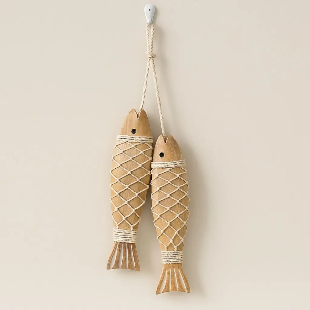 Natural wood fish wall art set, handcrafted coastal decor with maritime rope design for beach homes
