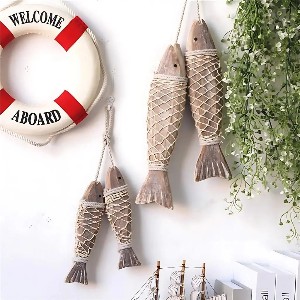 Natural wood fish wall decoration, coastal nautical art with rope design for rustic home interiors