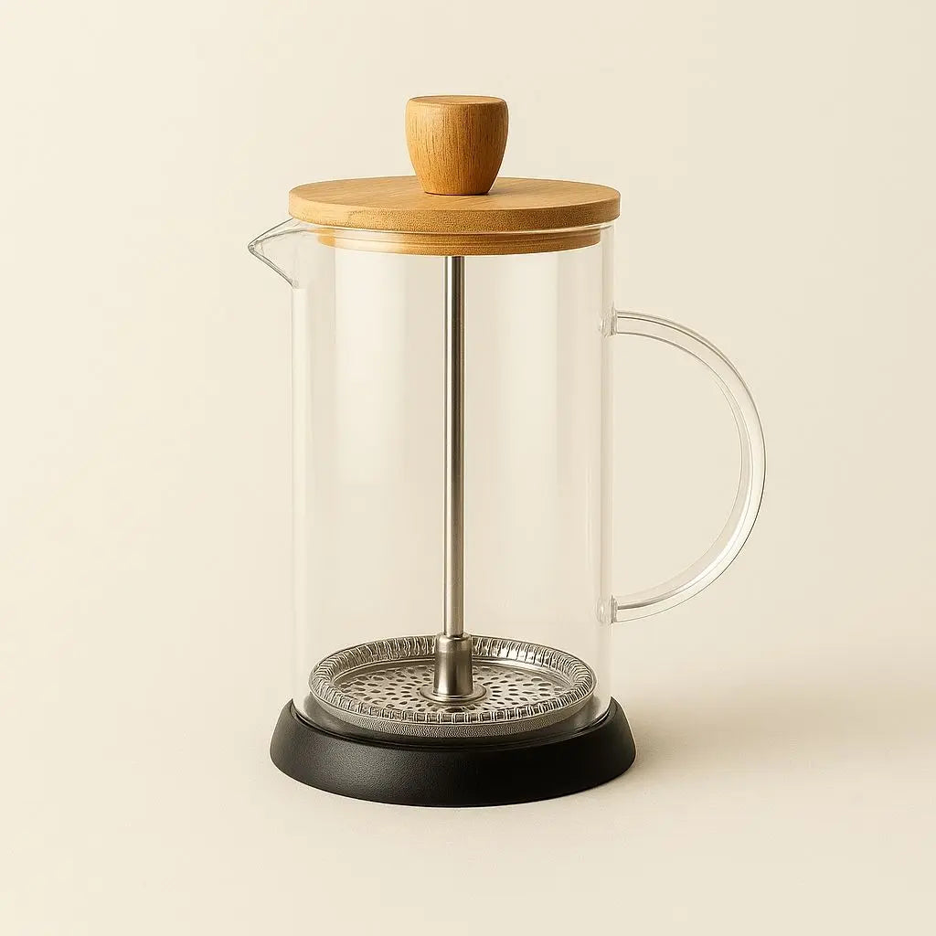 Glass french press brewing fresh coffee with precision stainless steel filter system
