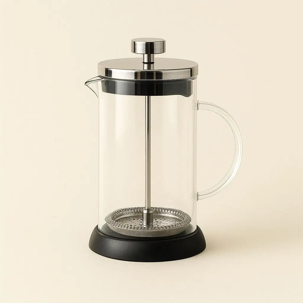 Natural oak wood lid on heat-resistant glass french press for sustainable coffee brewing