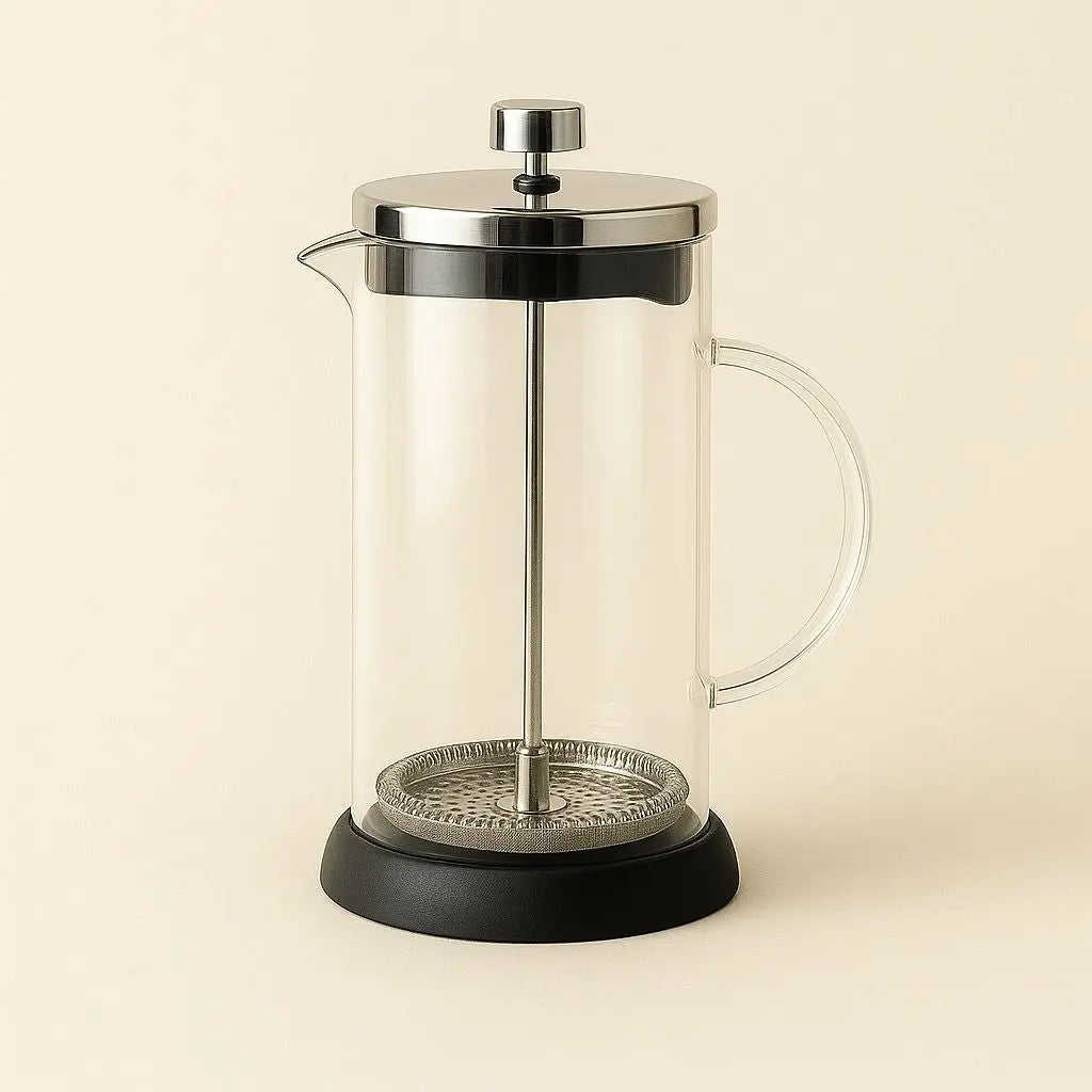 Easy-pour spout and ergonomic handle on glass french press for comfortable coffee serving