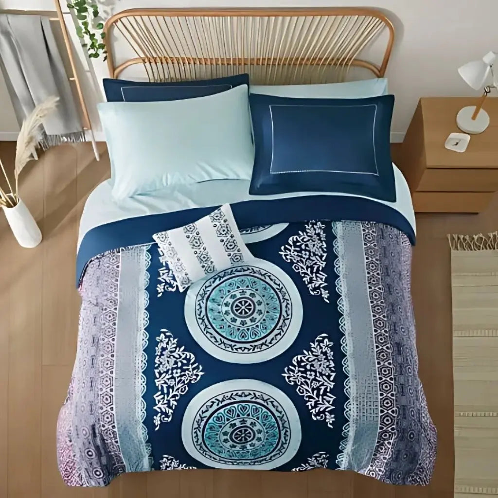 Bohemian bedroom featuring queen comforter set with vibrant medallion design and coordinating bedding accessories