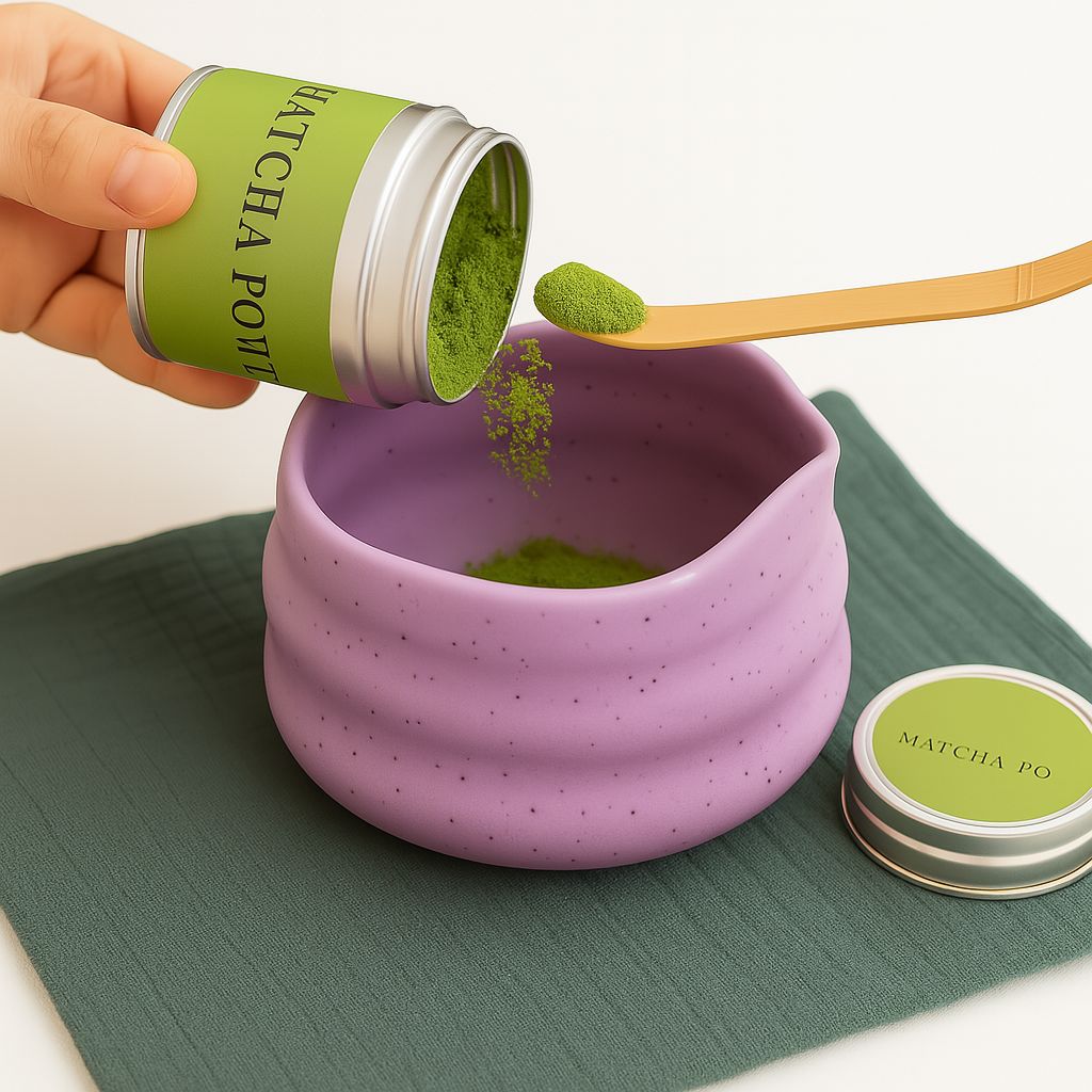 Hand pouring matcha powder from a can into a purple container on a green mat.