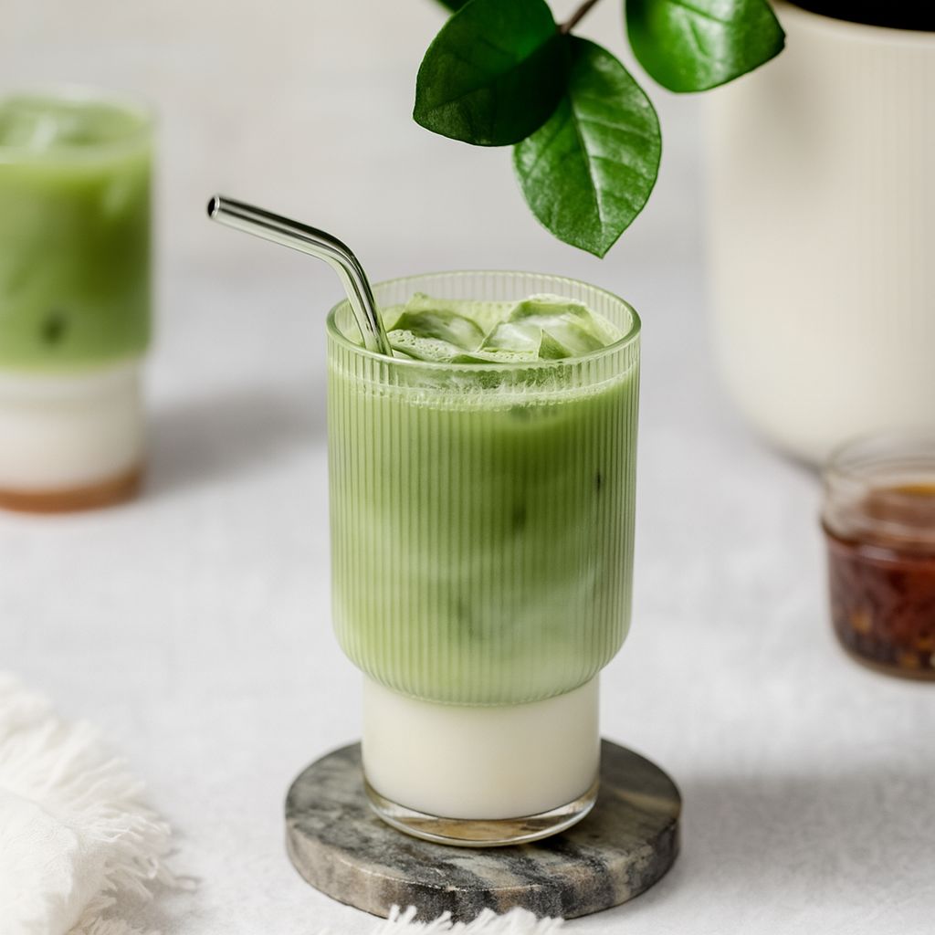Green iced latte in a glass with a straw on a marble coaster, surrounded by green leaves.