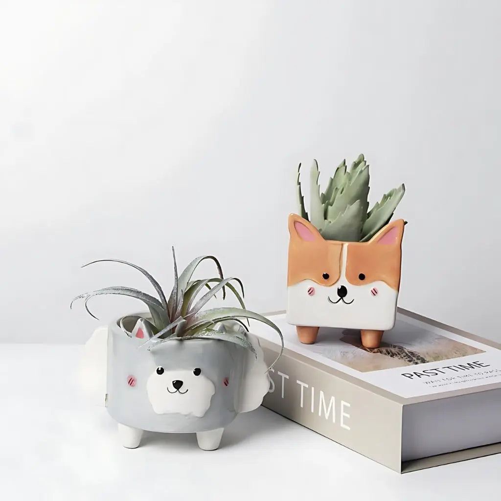 Minimalist ceramic plant pot with playful corgi and lamb cartoon faces for modern home decor