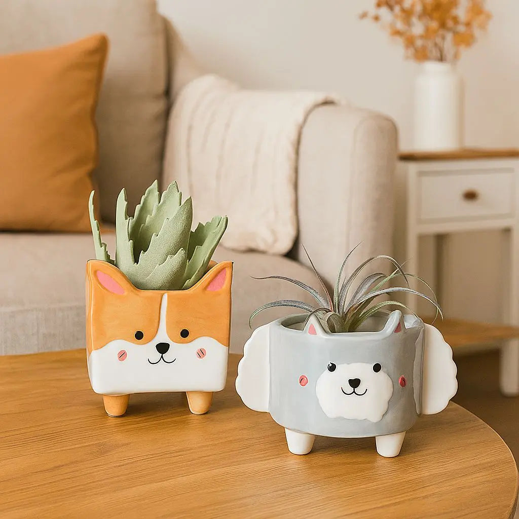 Hand-painted ceramic plant pot featuring adorable corgi and lamb designs with soft matte finish