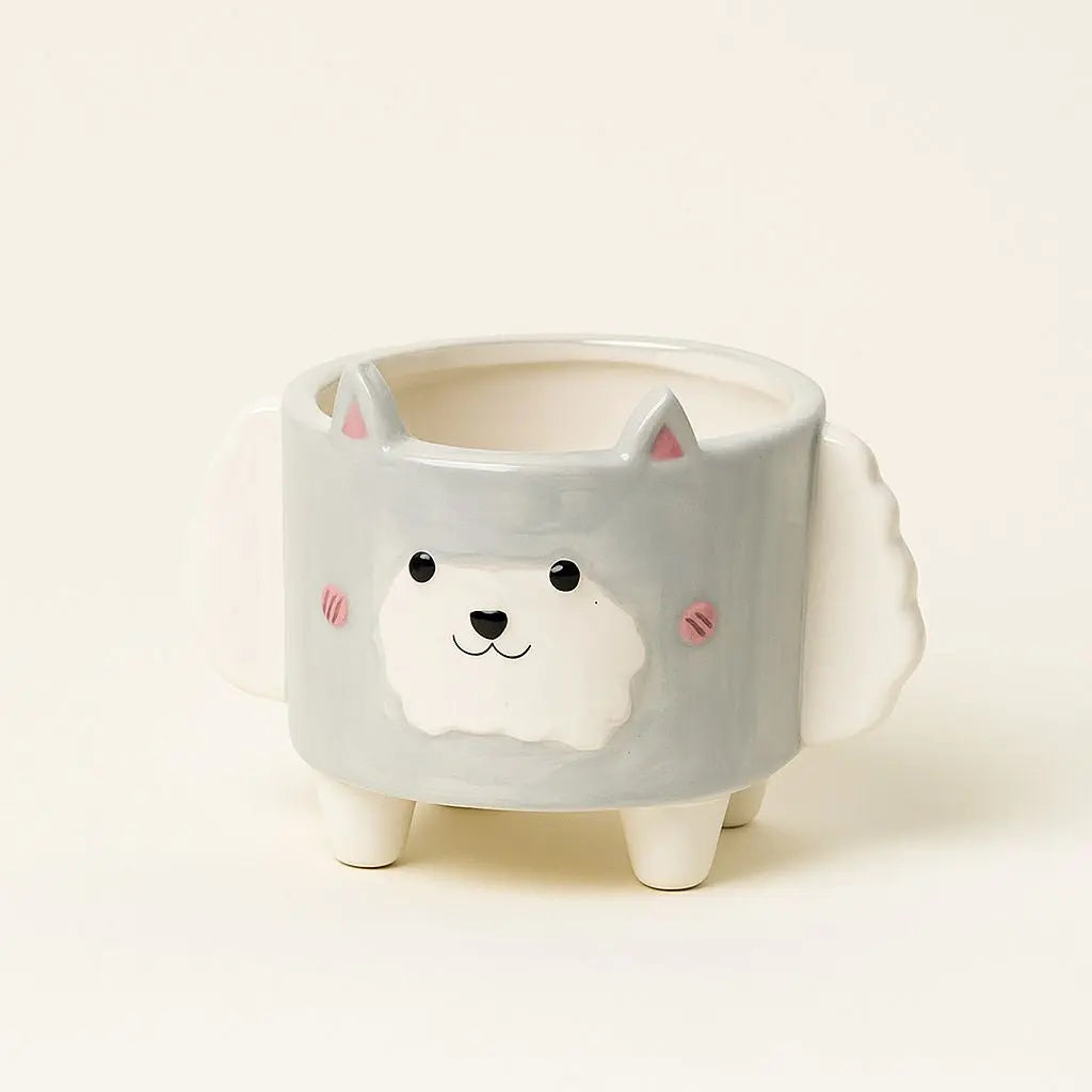 Corgi & Lamb Cartoon Ceramic Plant Pot with hand-painted animal faces and four-legged base design