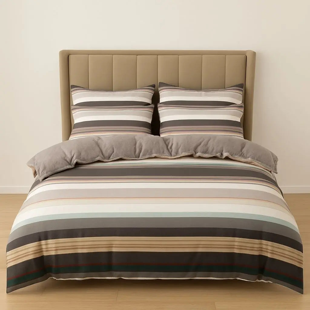 Cotton bedding set with modern stripes in neutral tones, featuring quilt cover and pillowcases for contemporary bedrooms