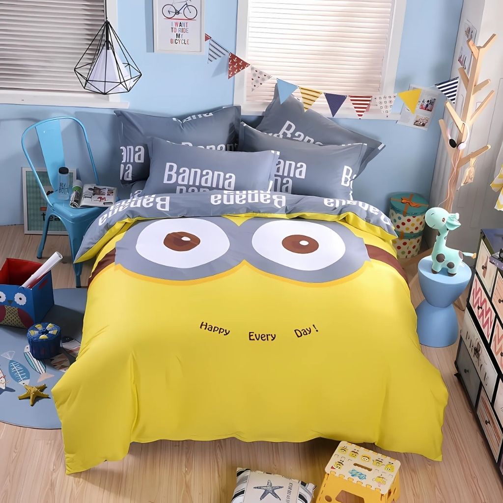 Complete 4 piece cotton bedding set including quilt cover, fitted sheet, and matching pillowcases