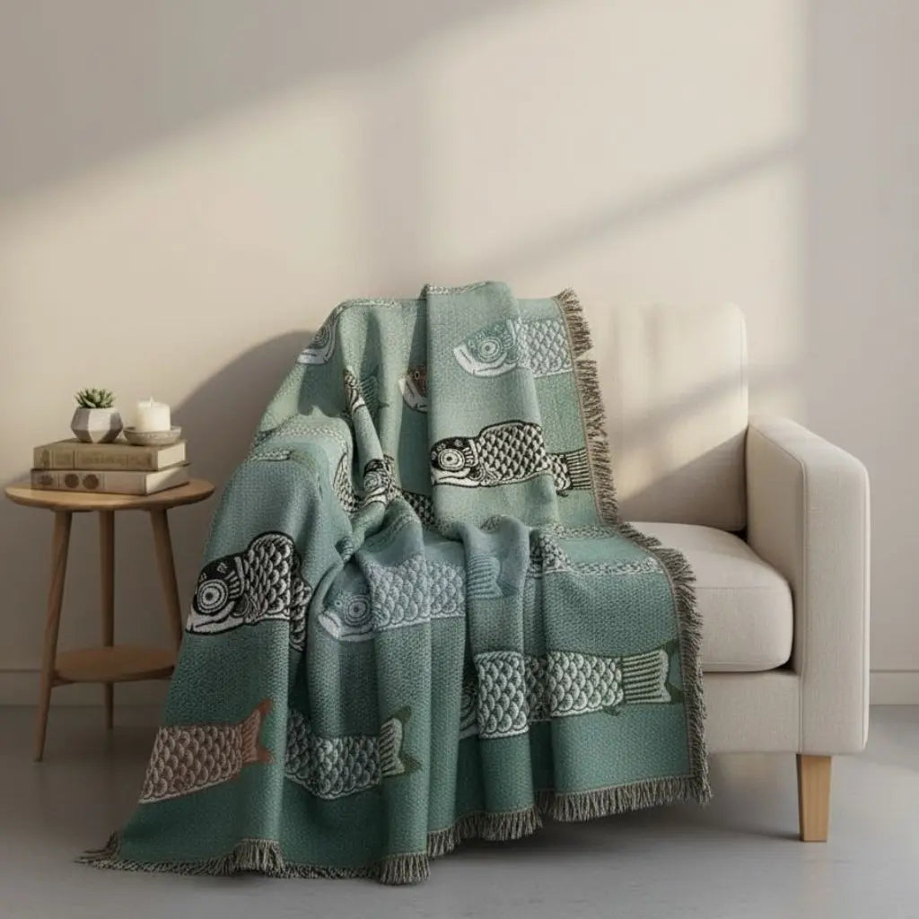 Woven koi pattern throw blanket soft cotton blend fish design sofa cover living room décor
