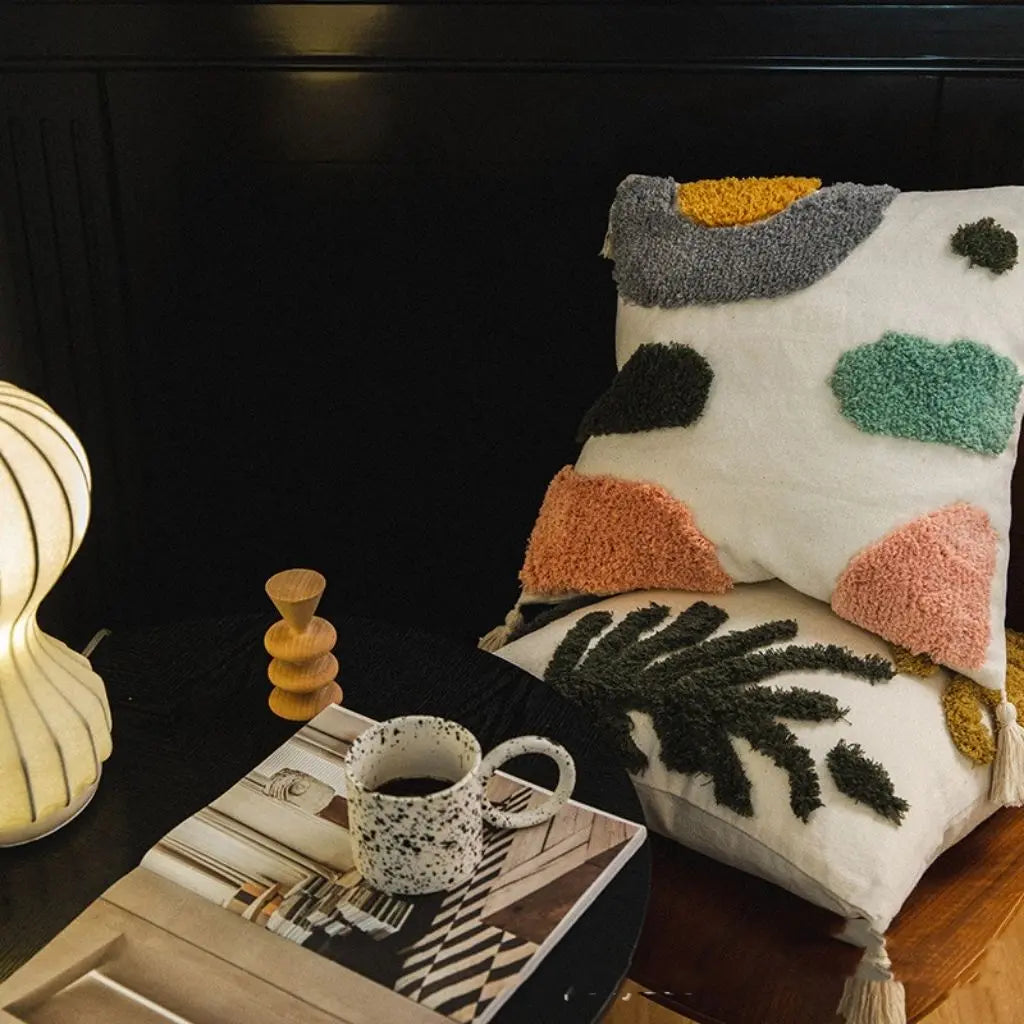 Square cotton pillowcase featuring tufted texture, dark grey cushion cover with multitone pattern