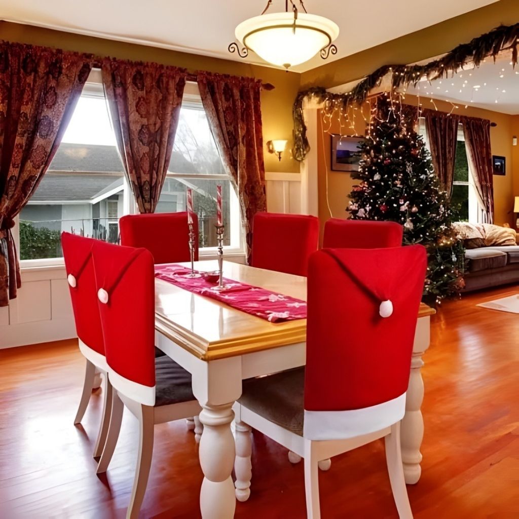 Three wooden dining chairs with red Santa and white snowman chair covers