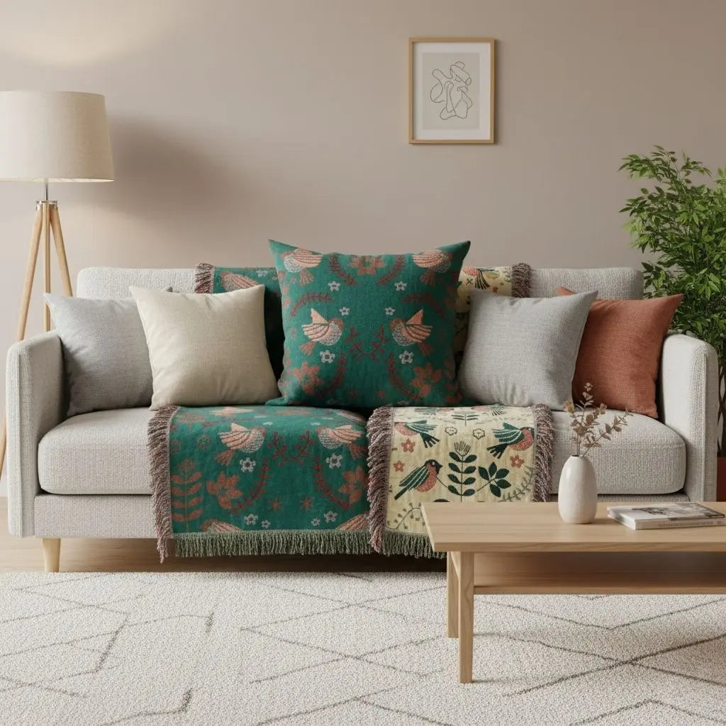 Soft cotton sofa slipcover featuring floral bird design for furniture protection