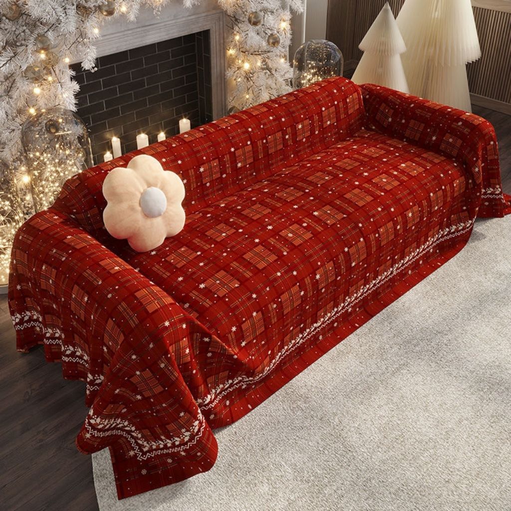 Seasonal furniture throw featuring holiday patchwork design