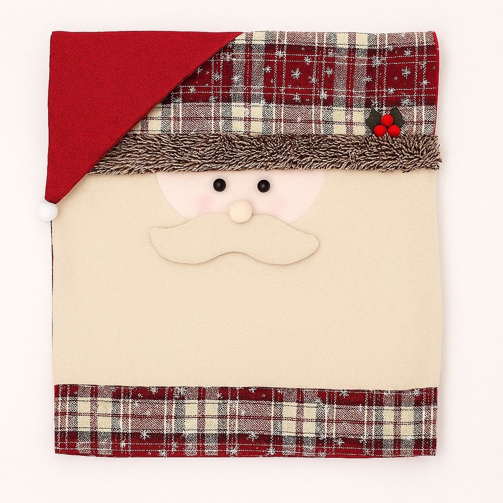 Red fabric Santa chair cover with white trim on wooden dining chair