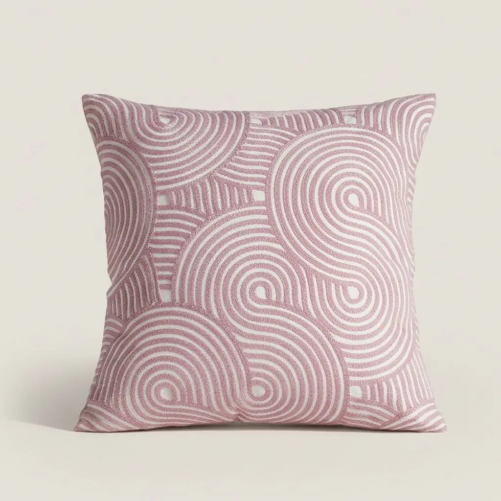 Cotton canvas embroidered pillow cover with geometric spiral pattern for home decor