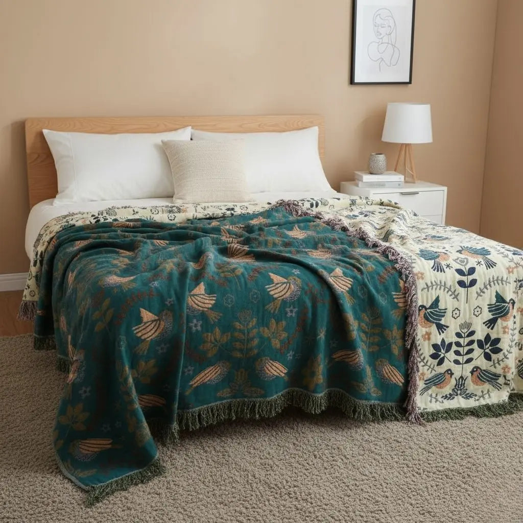 Breathable cotton botanical sofa throw with bird motif for multi-purpose home use