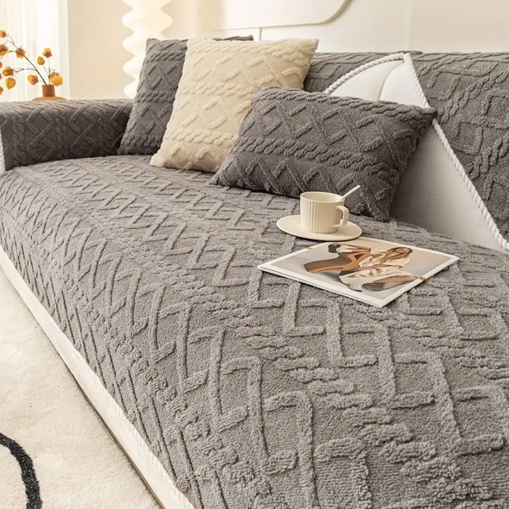 Plush geometric couch protector offering soft comfort for modern interior styling
