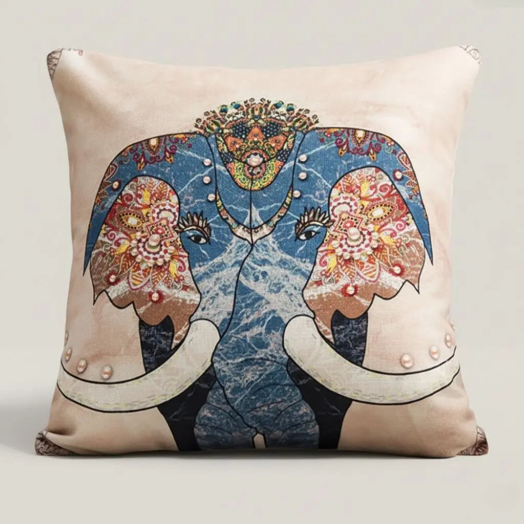 Square traditional elephant pillow cover linen material colorful cultural home accent