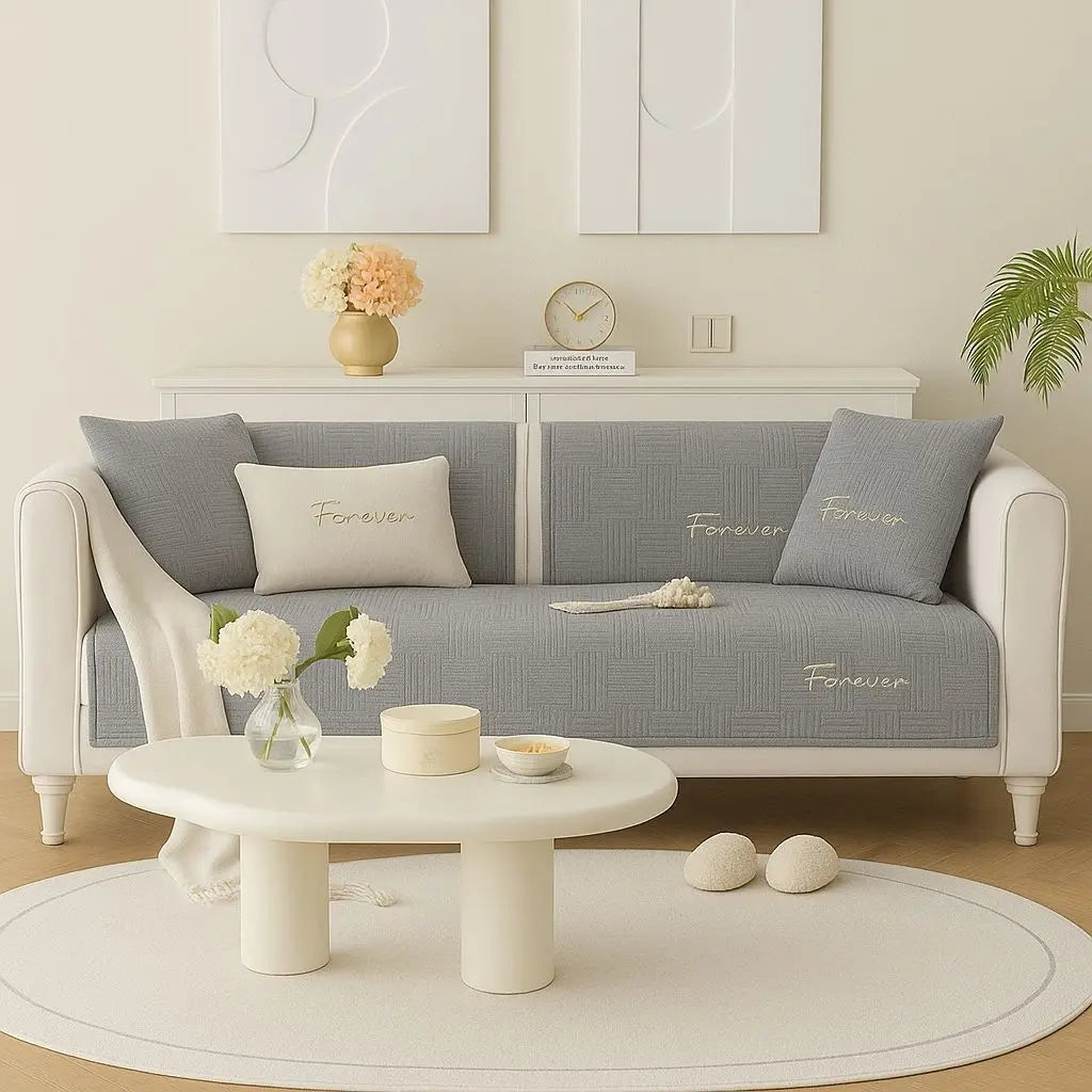 Plush flannel sofa slipcover showing smooth texture and protective coverage