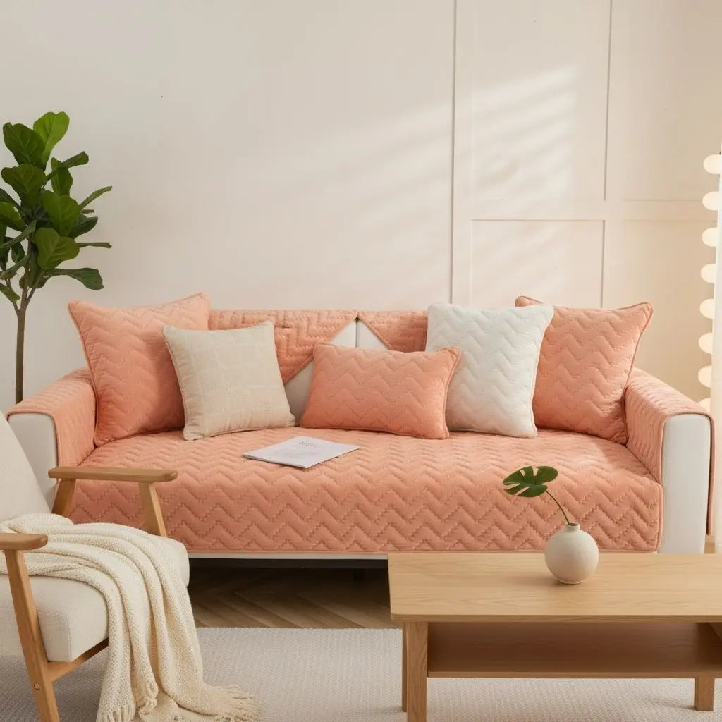 Crystal velvet quilted sofa protector showing soft texture and furniture coverage capabilities