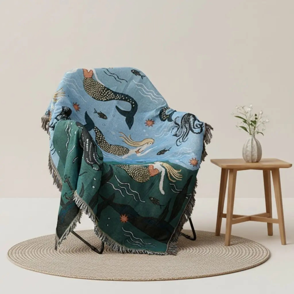Cotton polyester mermaid blanket with underwater ocean design for sofa and home décor