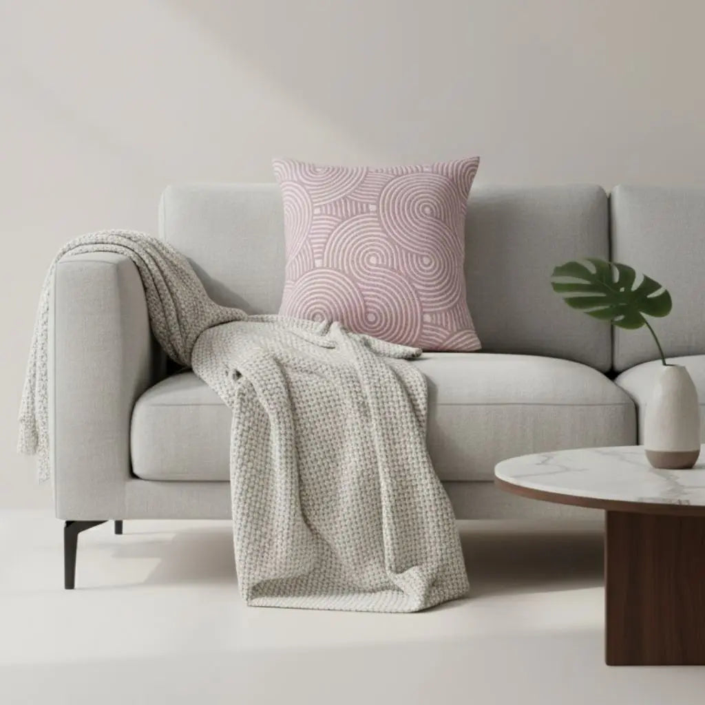 Cotton canvas cushion cover featuring geometric spiral embroidery design