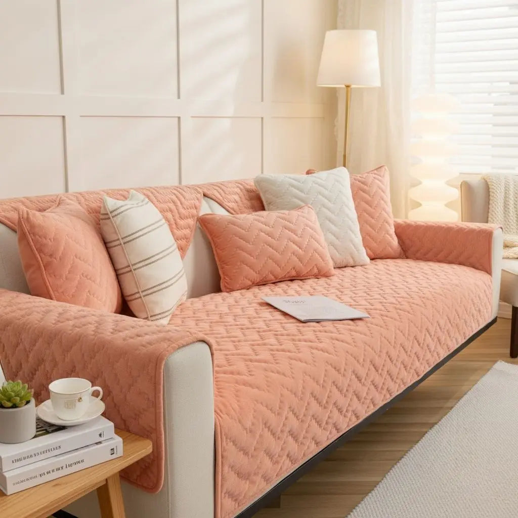 Textured quilted velvet furniture cover demonstrating protective qualities for sofa seating