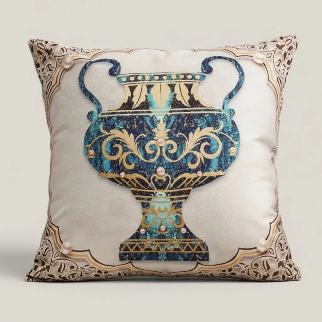 Classical amphora pillow cover linen fabric ancient greek ornamental urn blue gold design