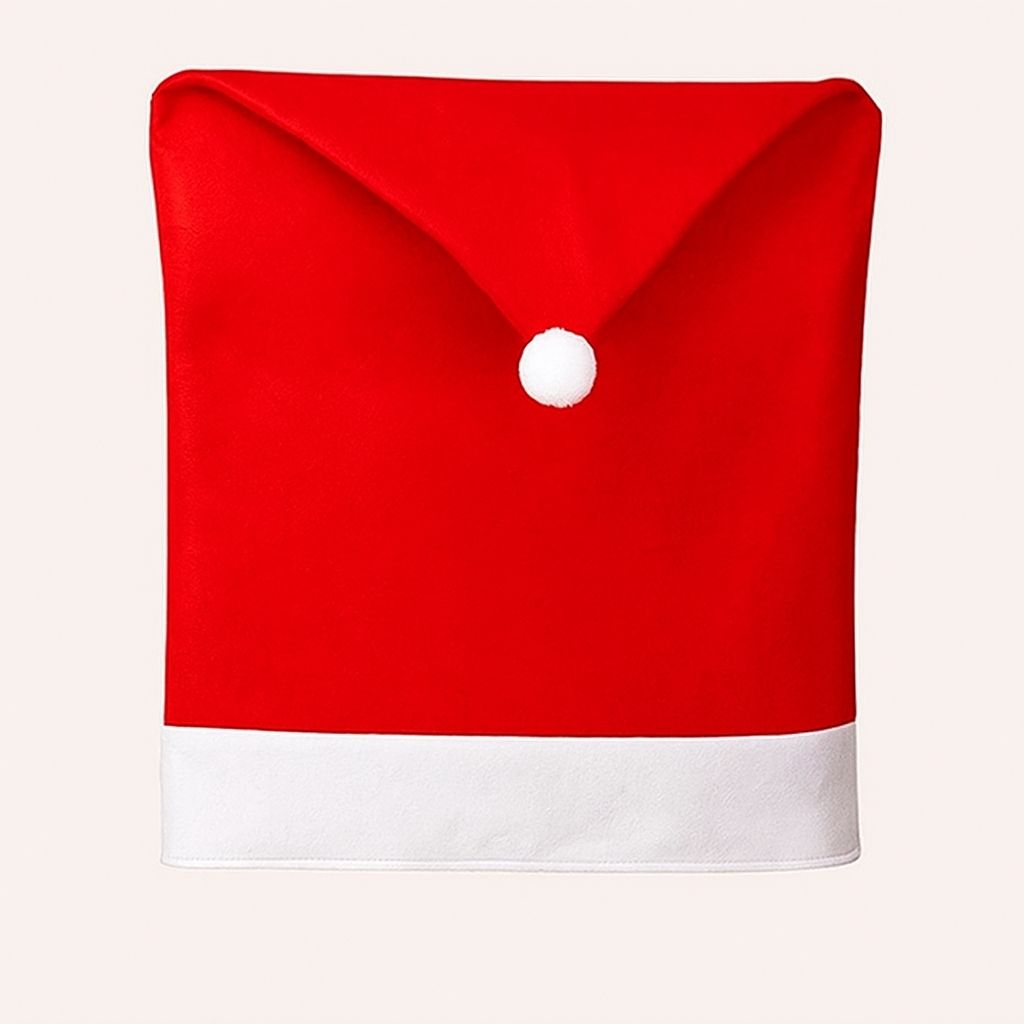 Red Santa hat shaped chair cover with white fur trim and pom pom