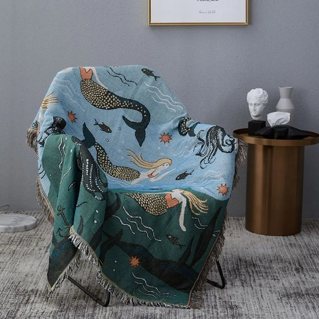 Fantasy ocean motif blanket in cotton blend with artistic mermaid design for bedroom décor