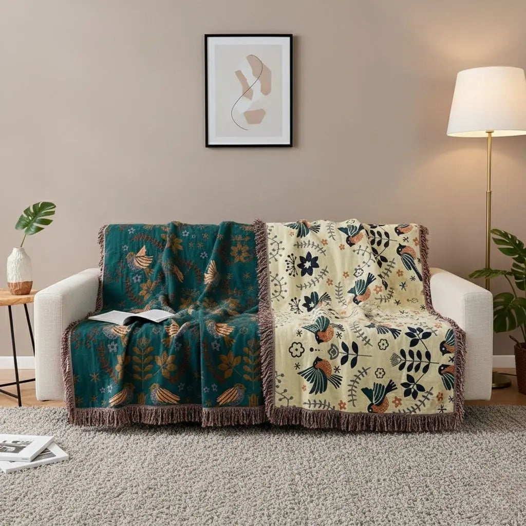 Cotton sofa cover with botanical bird pattern for living room home decor protection