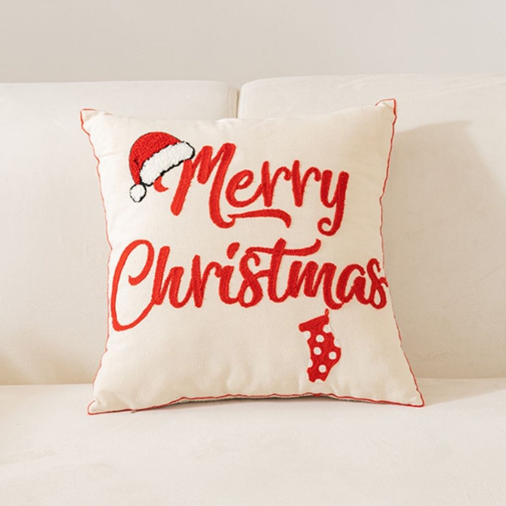 Festive embroidered throw pillow cover with seasonal motif detail