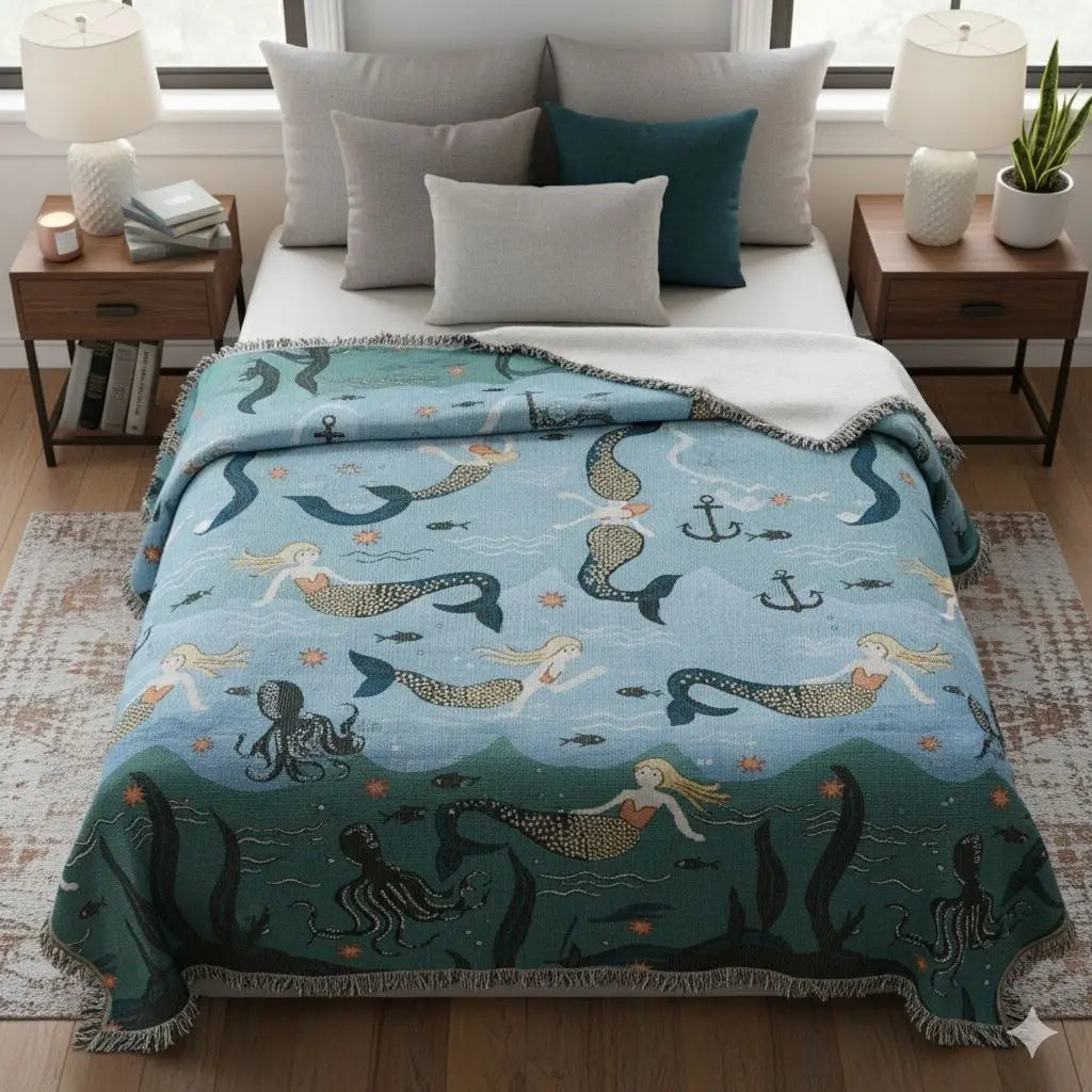 Mermaid sofa cover in woven fabric perfect for coastal décor and versatile home use