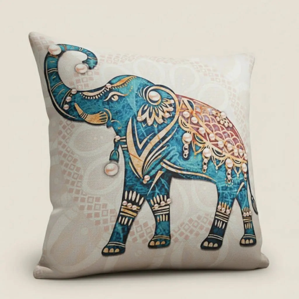 Ornamental elephant artwork pillow cover natural linen detailed cultural bedroom textile