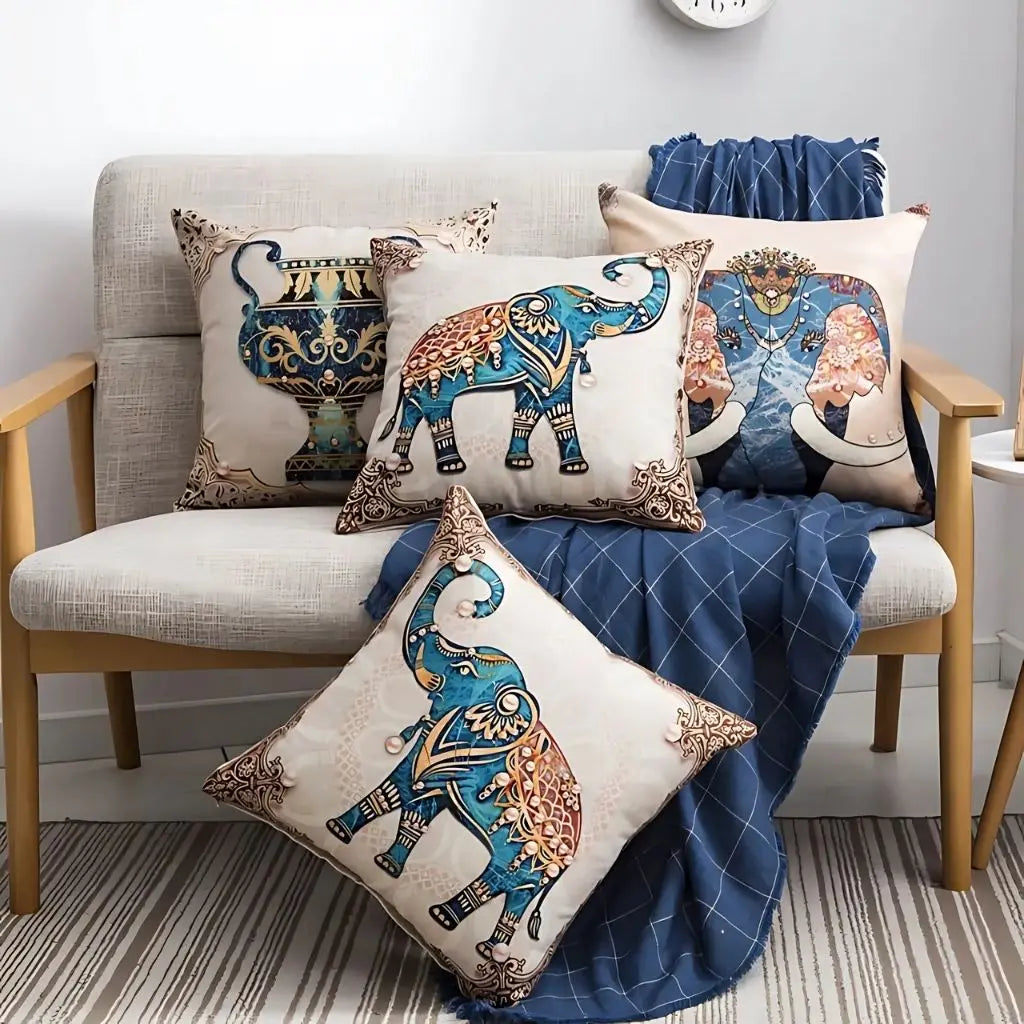 Cultural elephant throw pillow linen fabric cover with vibrant handcrafted pattern design