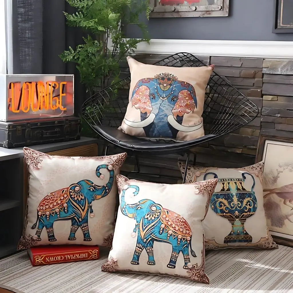 Decorative elephant motif pillow case linen textile with ornamental global design details