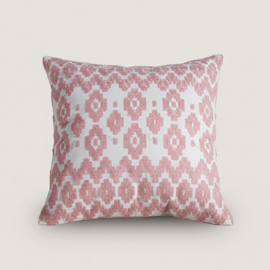 Geometric cotton canvas pillow cover with embroidered spiral motif