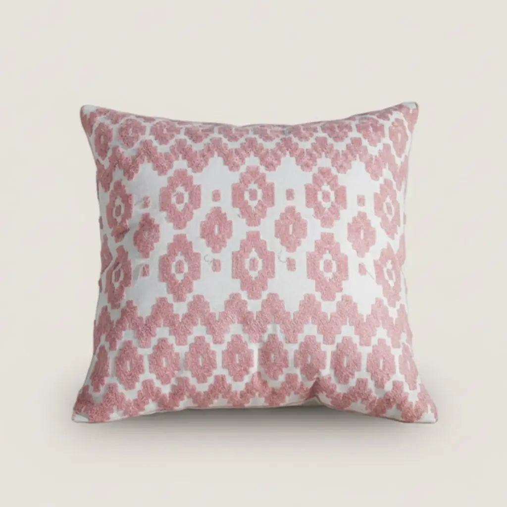 Geometric cotton canvas pillow cover with embroidered spiral motif