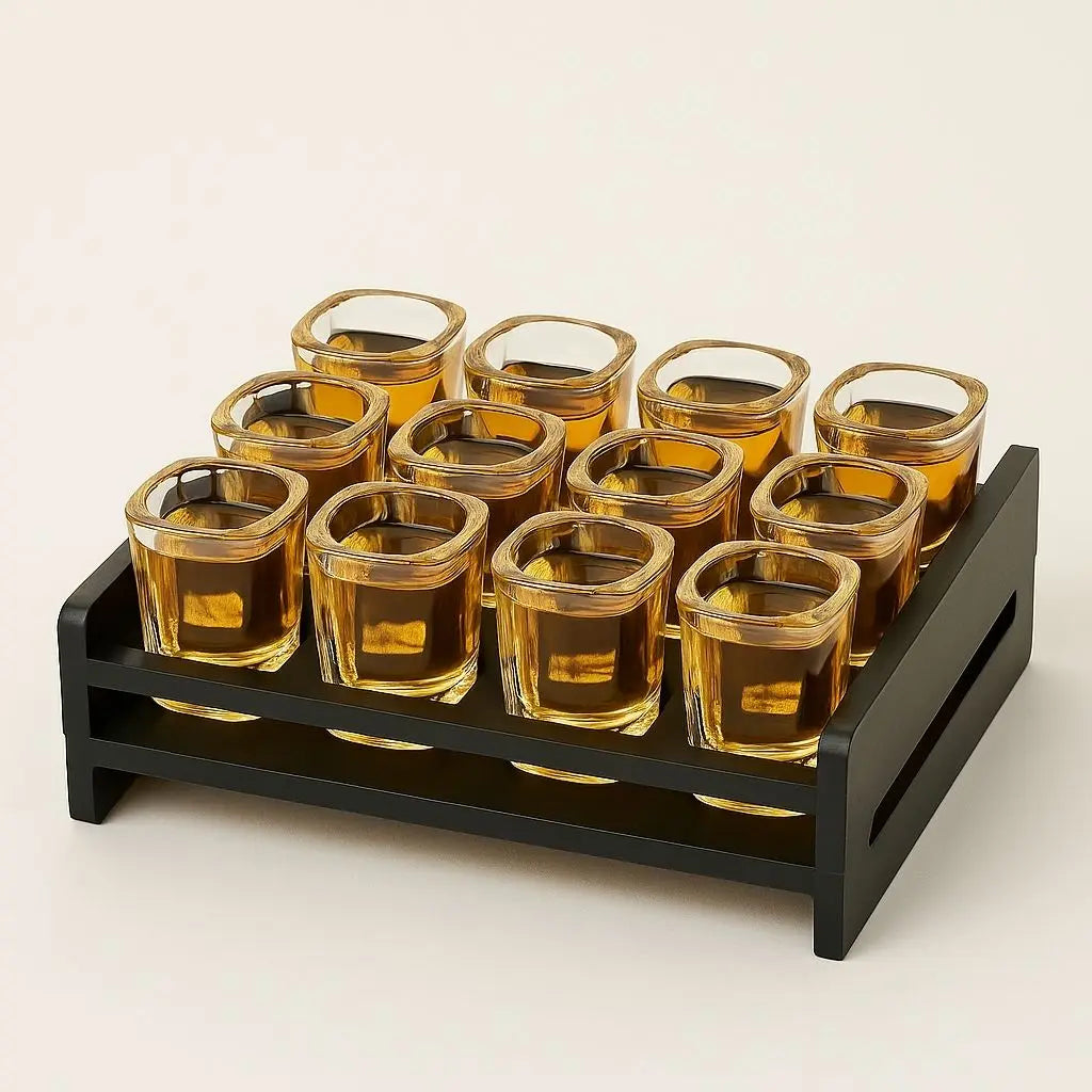 Crystal shot glass set with wooden rack organizer for stylish bar storage and display
