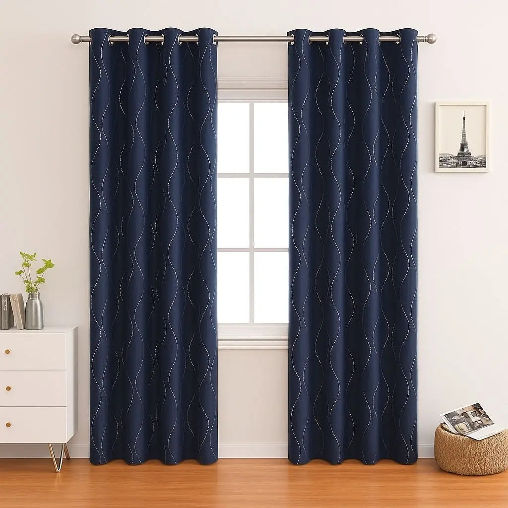 Blackout curtains with subtle wave patterns in navy blue, designed for complete light control