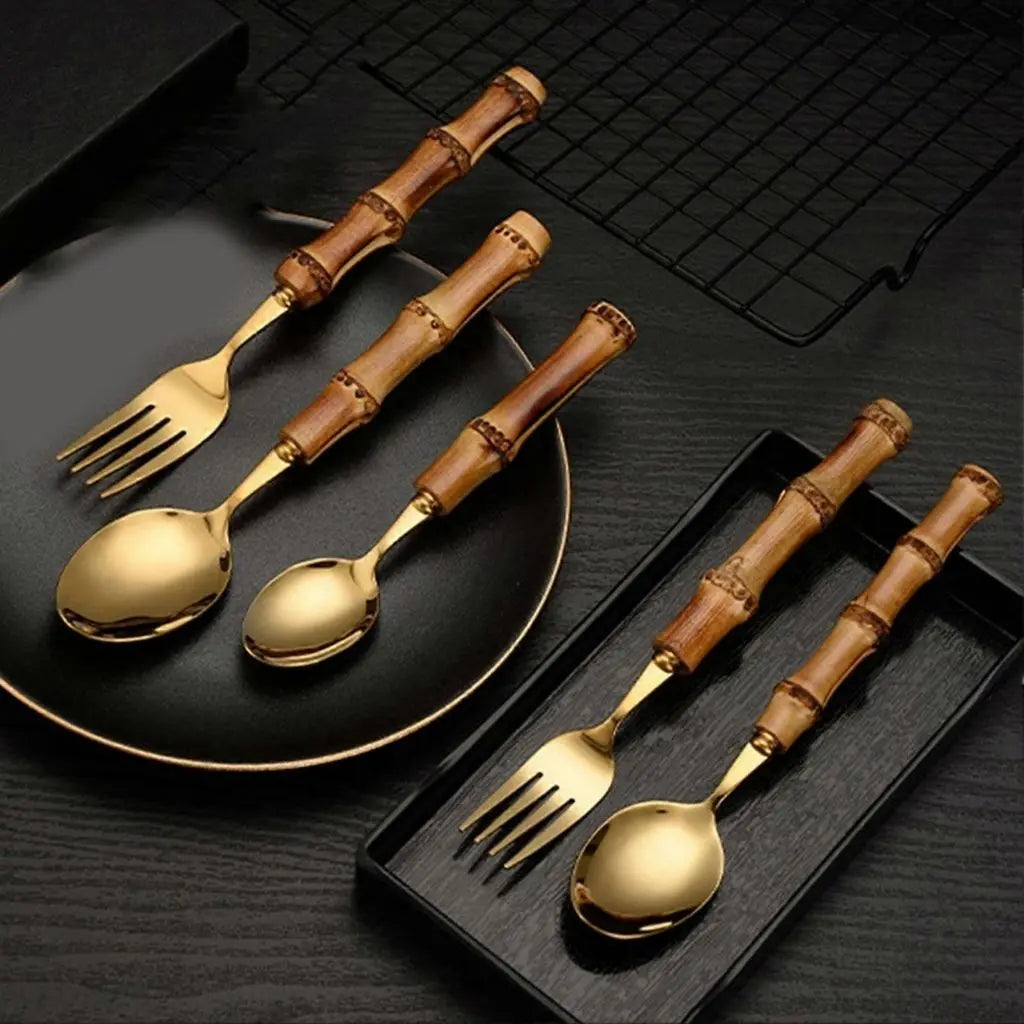 Natural handle cutlery featuring bamboo grips and mirror-finish stainless steel for modern dining