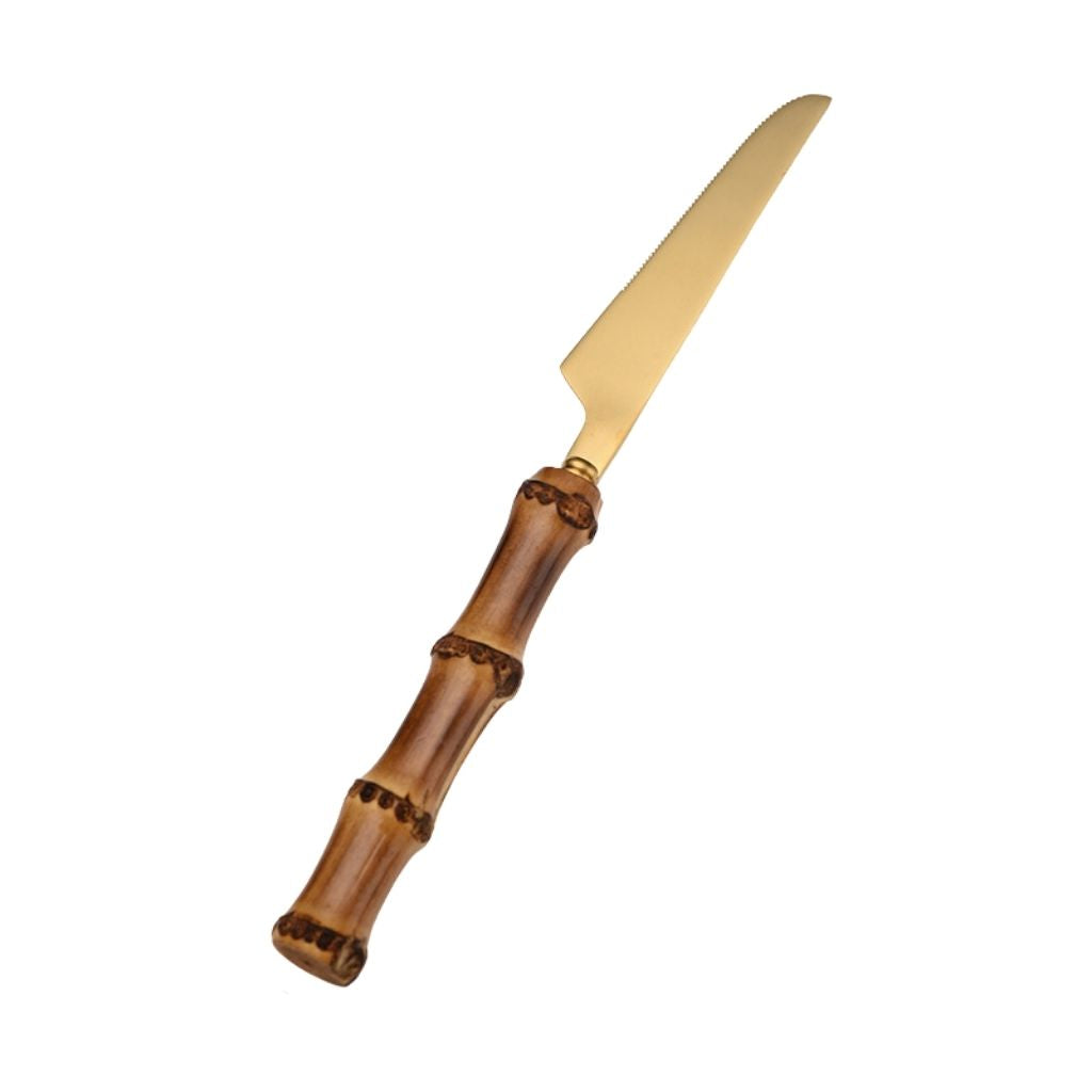 Bamboo handle cutlery set with 304 stainless steel construction and gold finish for sustainable dining