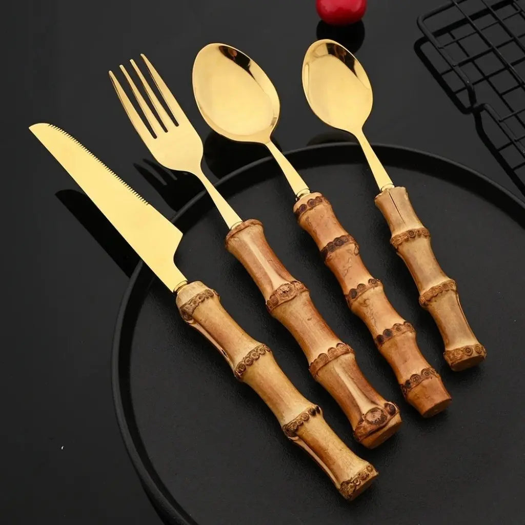 Eco-friendly bamboo cutlery set with polished gold finish perfect for everyday and formal dining