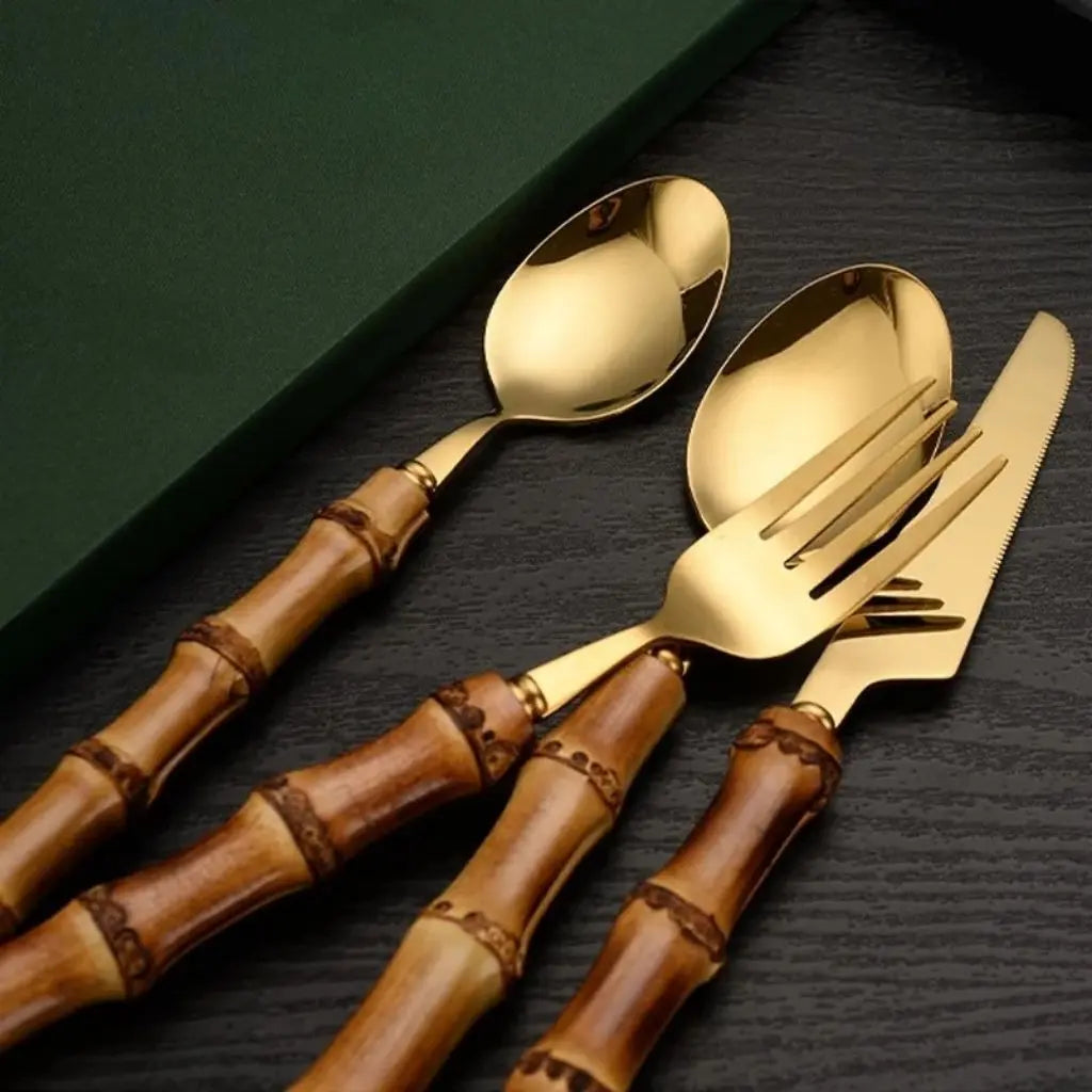 Bamboo dining set with textured grip handles and durable 304 stainless steel construction