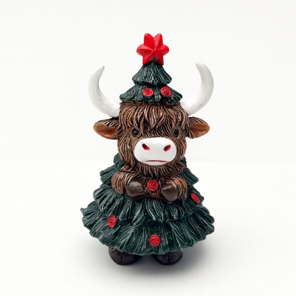 Resin highland cattle figurine with christmas tree outfit
