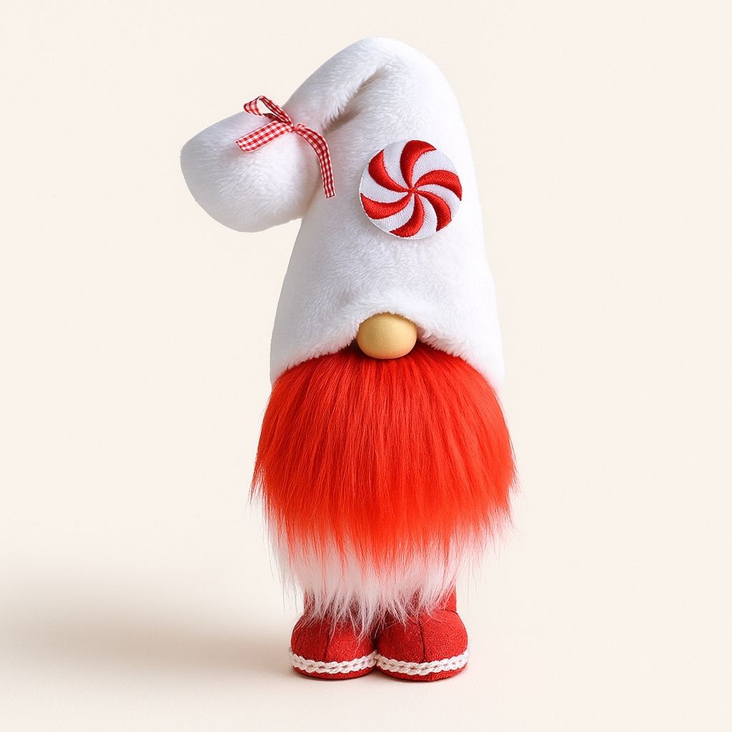 Gingerbread gnome decoration with tall textured hat and candy embroidery