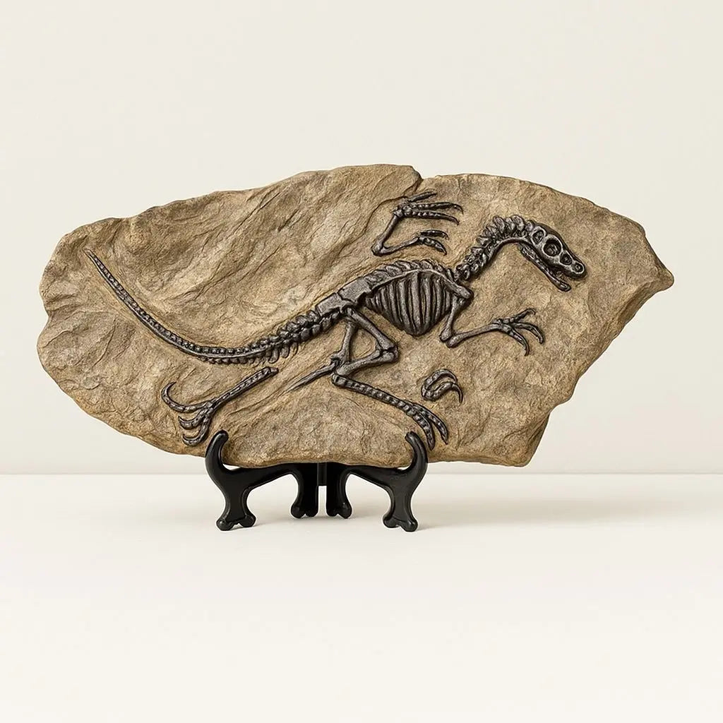 Dinosaur skeleton model embedded in a rock on a stand against a white background - home decor figurine